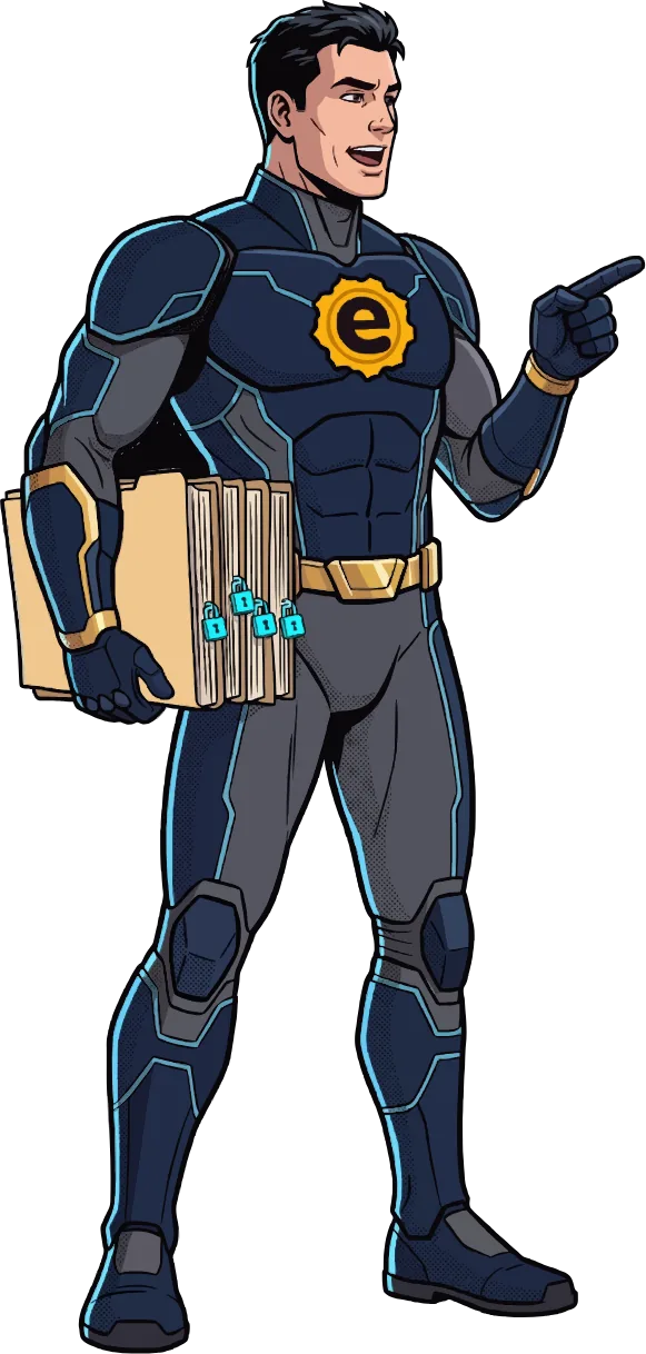 The eTendering hero, holding a stack of bid folders sealed with padlocks